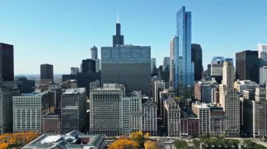 Chicago, Illinois, ABD - 21 Ekim 2024: Chicago şehir parkı. İş bölgesindeki gökdelen ve ofis binası. Chicago şehir merkezi gökdeleni. Şehir manzarası havası. Şehir silueti. Hava mucizesi.