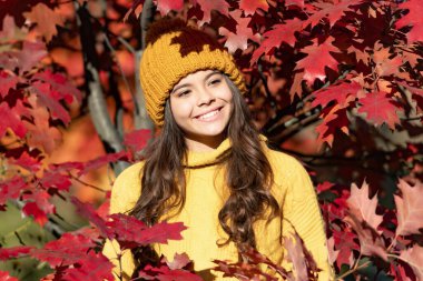 Sonbaharda şapkalı mutlu çocuk doğal arka planda kalıyor..