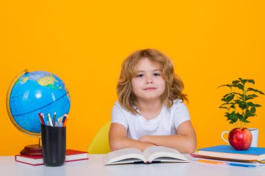 Okul çocuğu kitap okuyor. Sarı stüdyo arka planında izole edilmiş okul çocuk portresi. İlkokuldan bir çocuk. Öğrenci, git çalış. Zeki okul çocuğu öğreniyor. Çocuklar öğrenim, bilgi ve eğitim