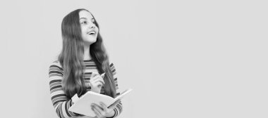 Once upon a time. Happy child write story. Story writer yellow background. Writing lesson. Banner of schoolgirl student. School child pupil portrait with copy space