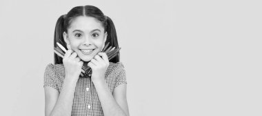 her hobby. creativity. back to school. cheerful teenage girl going to draw picture. Horizontal isolated poster of school girl student. Banner header portrait of schoolgirl copy space