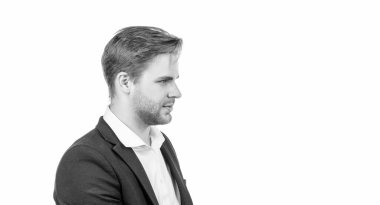Serious professional man profile portrait in formal suit isolated on white copy space, guy.
