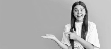 beauty and fashion. female fashion model. pretty look of young girl. face portrait of child. Child face, horizontal poster, teenager girl isolated portrait, banner with copy space