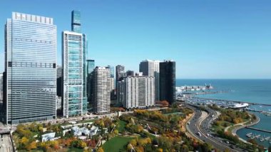 Şehir silueti. Şehir mimarisi Chicago. Chicago şehir parkı. İş bölgesindeki gökdelen ve ofis binası. Chicago gökdelen şehri. Şehir manzarası havası. Sonbahar Şehir Parkı.