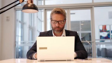 Ofis çalışanı. Ofiste dizüstü bilgisayar kullanan heyecanlı bir adam. Serbest iş yapma. Erkek ofis yöneticisi. İş adamının internet işi var. İş adamı başarısı. Serbest çalışan adam internette çalışıyor. Çevrimiçi çalışan serbest çalışan.