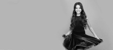 beauty and fashion. childhood. dancewear fashion clothes. cute teen girl junior ballroom dancer. Child face, horizontal poster, teenager girl isolated portrait, banner with copy space