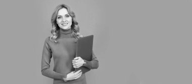 Woman portrait, isolated header banner with copy space. friendly looking office manager. concept of agile business. happy woman working online