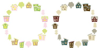 Silhouettes of houses and trees arranged vertically in a circle - Images of Spring and Autumn - clipart