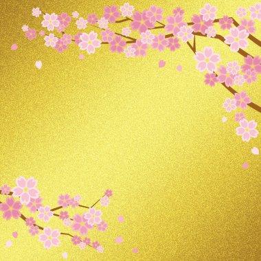 Gold folding screen-like background with cherry blossom (antique gold) square version clipart