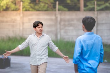 Angry men trying to start a fight. A dispute between men. A guy challenges someone to a duel. clipart