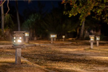 Geceleri parkı aydınlatan sıcak sarı lambalar. Serene Home Yard Gece Gökyüzünün Altında.