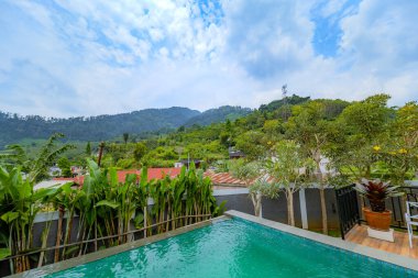 Nefes kesici doğa manzaralı çarpıcı bir havuz. Serene Early Morning View of the Outdoor.