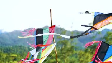 Tropik Dağların Üzerinde Rüzgarda Uçan Renkli Uçurtmalar. Geleneksel Kağıt Uçurtmalar Manzaraya Karşı Sallanıyor