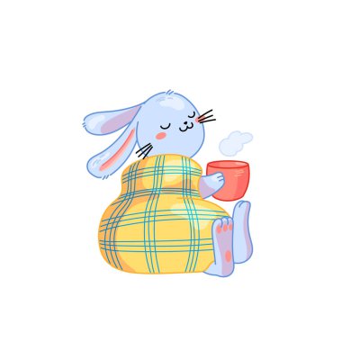 Şirin tavşan sıcak bir battaniyenin içinde oturur ve sabahları bir fincan çayın tadını çıkarır. Yapıştırmalar, yazılar, web için rahatlama ve zevk hakkında çizgi film hayvanlarıyla vektör sarılması. Beyazda izole edilmiş..