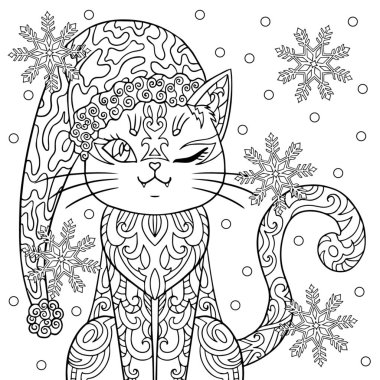 Kar taneleriyle Noel şapkalı komik kedi. Yetişkinler için kış tatili boyama kitabı sayfası. Karalama, desenler ve zenkartal elementlerle izole edilmiş çizgi sanatı.