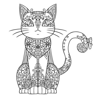 Çiçek tarzı karalama yapan sevimli bir kedi. Romantik bir kedi yavrusunun temsili. Yetişkin için boyama kitabı sayfası. Evde güzel bir meditasyon. Kedi severler için izole sanat, baskı, ağ, tekstil, hatıra, poster.
