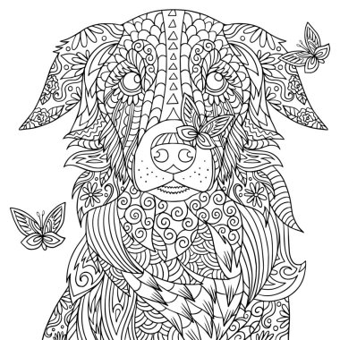 Kelebeklerle ve köpeklerle romantik bir illüstrasyon. Golden Retriever taslak sanatı. Yetişkinler ve çocuklar için karalama ve zamazingo öğeleriyle boyama kitabı sayfası.