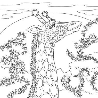 Zürafayla boyama kitabı sayfası. Evde, baskıda, sanat terapisinde rahatlamak için Afrikalı vektör çizimi. Karalama, desenler ve zentagle elementlerle izole edilmiş çizgi sanatı.