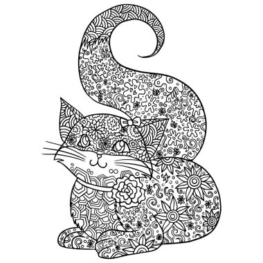 Çiçek desenli şirin bir kedi. Yetişkinler için boyama kitabı sayfası ve karalama ve zamazingo elementleri olan çocuklar için. Vektör el izole edildi.