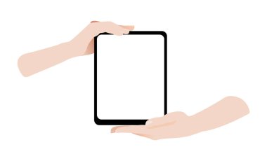 Eller tablet vektör ikonunu tutuyor. Düz tasarımda dijital boş model. Minimalist iş sunumu.