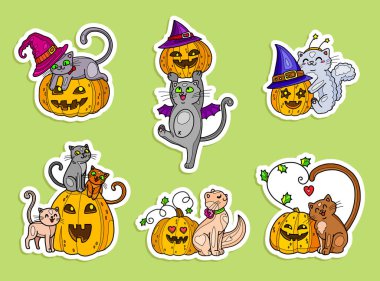 Kediler ve balkabağı Jack 'li komik Cadılar Bayramı çıkartmaları. Vector kawaii iğne ve kırtasiye malzemeleri koleksiyonu.