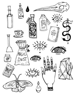 Çizgi çizimi, Cadılar Bayramı Cadılar Bayramı partisi davetiyesi. Cadı gözü minimalist öğeler simgeler kuş kafatası cadı el sihirli yılan kılıcı. Gotik çıkartmalar esrarengiz korkutucu tema üzerine tasarım elementleri