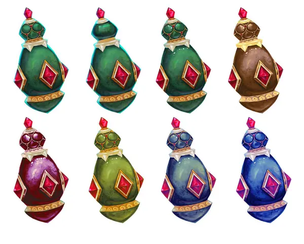 Oyun sanatı şişesi tasarımı yakut malakit altın klip ikonu bilgisayar mobil oyunu Sihirli iksir sağlık restorasyon cadı çizimi parlak şişeler renkli arayüz ui ux arayüzü