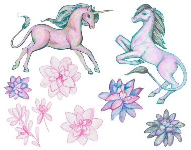 Pembe atlı el gerçekçi resim çiziyor. Klipsli suluboya tek boynuzlu at çocuklar baskı tasarımı. çizgi film bebek ürünleri için at grafikleri hayvan karakteri yetiştirdi