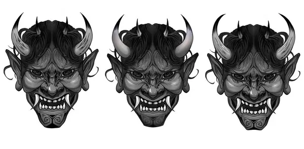 Oni Maske 2D Dijital Japonya şeytan yüz resmi beyaz Hannya klipsi, Asyalı kültür logosu üzerinde izole edilmiş gradyan desenli