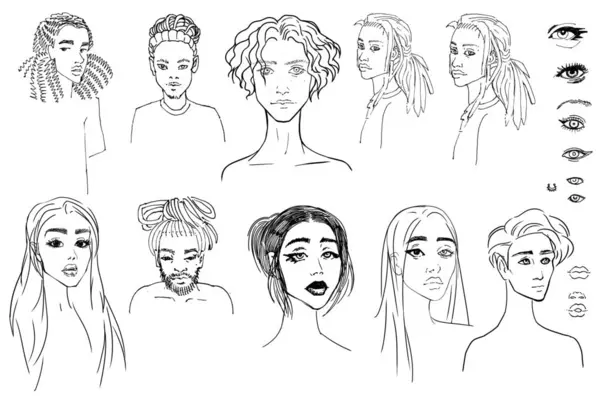 Set Faces Different Nationality Afro, Avrupalı gençler erkekler ve kızlar, tasarım için minimalist moda tasviri klip sanatı çiziyorlar. Afro saç stili, perde tıraşı, uzun saçlı.