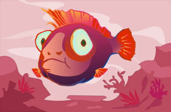 Farklı renkte ve boyutlarda şirin balıkların beyaz arka plandaki hayvan duygularına gülümseyen karikatür resimleri. Oltadaki balık, karikatür karakteri üzgün, ölü balık Su altında yaşam