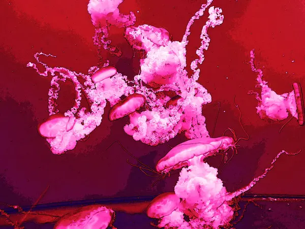Gerçekçi illüstrasyon denizanası karanlık arka planda izole edilmiş pop sanat baskısı tasarımı fütüristik retrodalga stili. İzlenimcilik kırmızı pembe gradyan. Bulanık saydam hayvan asidi grafikleri