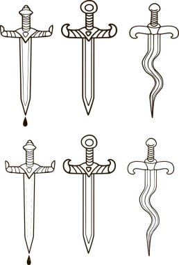 Çizgi sanatı hançeri tasarımı kahraman bıçak ikonu sembolü çizimi dekore edilmiş kılıç resmi geleneksel dövme çizimi. Clip sanat oyunu, çocuk macera kitabı, logo destansı eski moda stil.