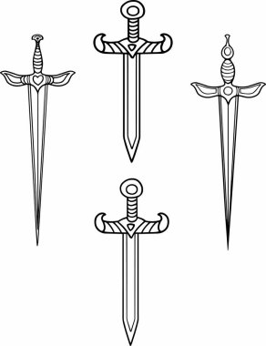 Çizgi sanatı hançeri tasarımı kahraman bıçak ikonu sembolü çizimi dekore edilmiş kılıç resmi geleneksel dövme çizimi. Clip sanat oyunu, çocuk macera kitabı, logo destansı eski usul