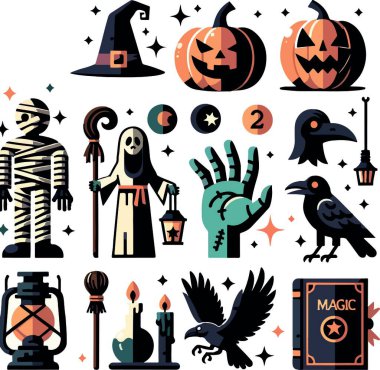 Set line art drawing clipart halloween holiday party invitation Witch minimalist icons magic item prop Gothic sticker design elements occult scary theme monster outline pumpkin contour creature design clipart