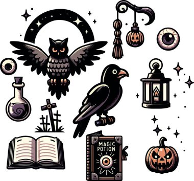 Set line art animal drawing owl bird clipart halloween holiday party Witch minimalist icon magic book item lantern prop Gothic sticker design element witch hat outline scary theme eye creepy character clipart