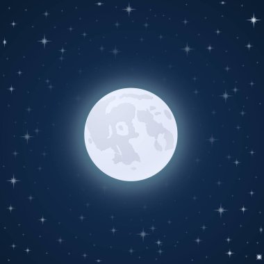 Gece gökyüzünde parlak bir ayın, açık havada yıldızların görüntüsü. Vektör illüstrasyonu