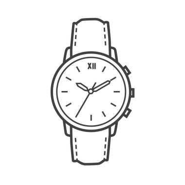Bir erkek saatinin vektör doğrusal simgesi. Siyah ve beyaz çizimler minimalist bir tarzda. Zaman tutmak ve moda tasarımları için ideal.