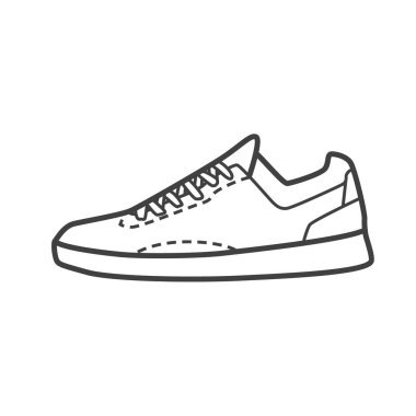 Tenis ayakkabılarının çizgisel ikonu, kortta hızlı hareketler için takviyeli yanal destek ile tasarlandı. Siyah beyaz vektör illüstrasyonuName.