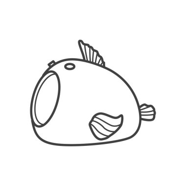 Kedi yatağının balık şeklinde bir vektör doğrusal simgesi. Yatak basit, siyah ve beyaz ve minimalist bir sanat tarzında tasarlanmış..