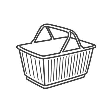 Alışveriş sepetinin minimalist siyah beyaz vektör çizgisi simgesi. Bu simge, bakkaliye veya küçük eşyalar taşımak için kullanılan tipik bir el bilgisayarı sepetini temsil eder..
