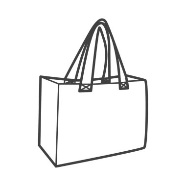 Bir eko-çantanın minimalist siyah-beyaz vektör çizgisi simgesi. Bu simge, tipik olarak alışveriş ve plastik atıkları azaltmak için kullanılan yeniden kullanılabilir bir kumaş torbasını temsil eder.