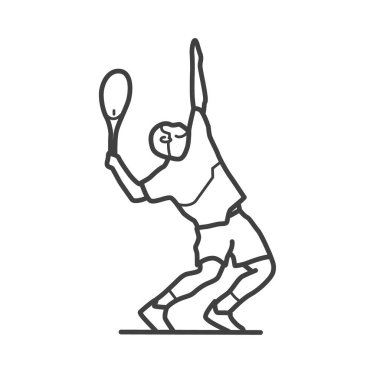 Tenis servisinin doğrusal vektör simgesi. Sanat tarzında basit siyah-beyaz çizimler. Spor, tenis hareketleri ve maçla ilgili tasarımlar için ideal.