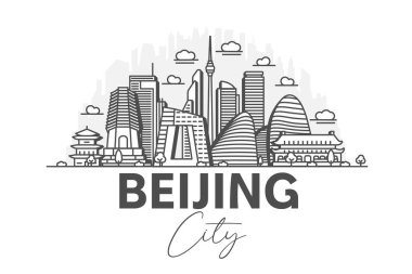 Pekin, Çin mimarisi, gölgeli ufuk çizgisi çizimi. Ünlü şehir işaretleri, şehir görüşleri, tasarım simgeleri ile doğrusal vektör şehri.