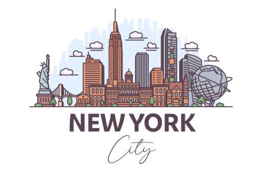 New York, ABD mimari renkli siluet çizimi. Meşhur şehir işaretleri, şehir manzarası, tasarım simgeleri olan doğrusal vektör şehri. Beyaz arkaplanda peyzaj.
