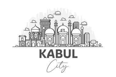 Kabil, Afganistan mimarisi. Gölgelerle ufuk çizgisi çizimi. Ünlü şehir işaretleri, şehir görüşleri, tasarım simgeleri ile doğrusal vektör şehri.