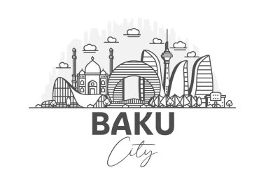 Bakü, Azerbaycan mimarisi, gölgeli ufuk çizgisi çizimi. Ünlü şehir işaretleri, şehir görüşleri, tasarım simgeleri ile doğrusal vektör şehri.
