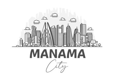 Manama, Bahreyn mimarisi gölgeli ufuk çizgisi çizimi. Ünlü şehir işaretleri, şehir görüşleri, tasarım simgeleri ile doğrusal vektör şehri.