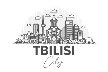 Tiflis, Gürcistan mimarisi. Gölgeli ufuk çizgisi çizimi. Ünlü şehir işaretleri, şehir görüşleri, tasarım simgeleri ile doğrusal vektör şehri.