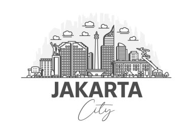 Jakarta, Endonezya mimarisi. Gölgeli ufuk çizgisi çizimi. Ünlü şehir işaretleri, şehir görüşleri, tasarım simgeleri ile doğrusal vektör şehri.